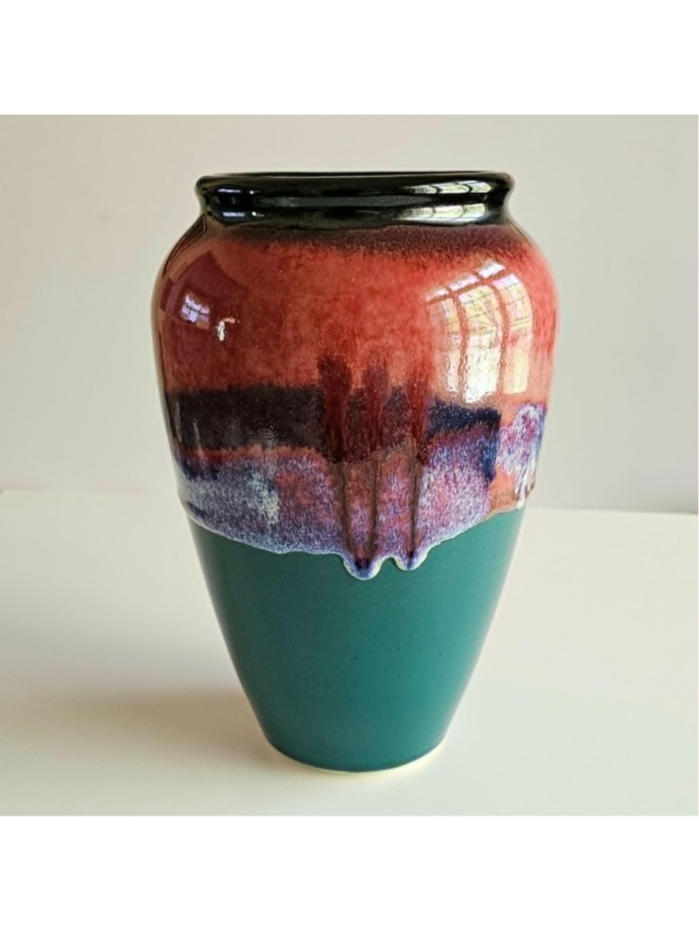 Vintage Studio Pottery Glazed Ceramic Vase - MCM Drip Glaze Teal - Signed 9"
